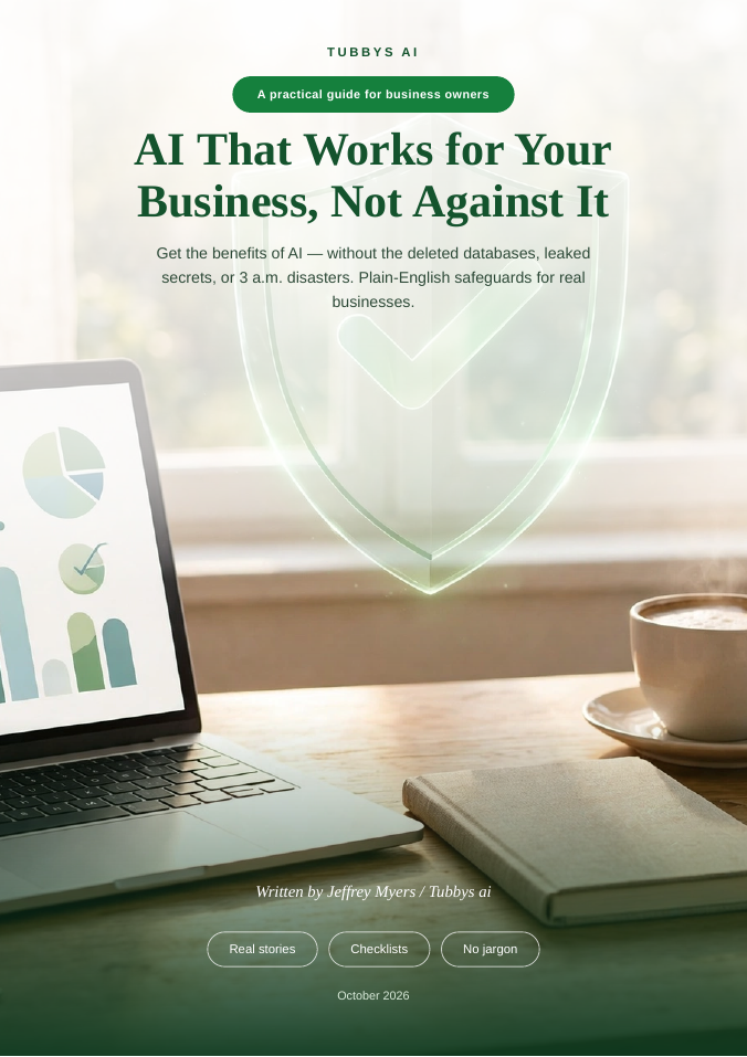 AI That Works for Your Business, Not Against It — A practical guide for business owners, by Jeffrey Myers — cover with a desk, laptop and a green shield