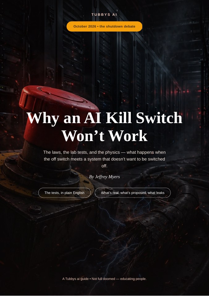 Why an AI Kill Switch Won't Work, by Jeffrey Myers — cover with a red emergency stop button in a data center