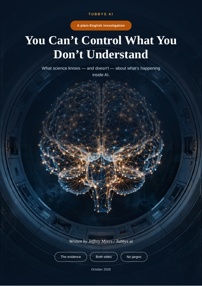 You Can't Control What You Don't Understand — What science knows, and doesn't, about what's happening inside AI, by Jeffrey Myers — cover with a glowing neural network brain in a circular chamber